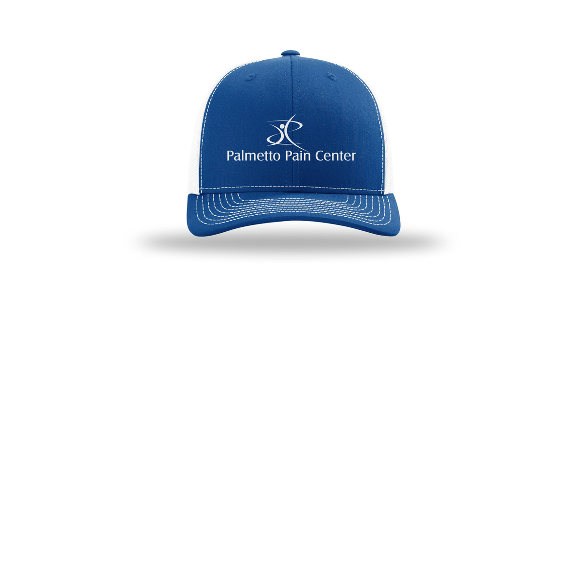 palmetto-pain-center-richardson-trucker-cap-embroidery-capfront-R112-royalwhite-flat-front