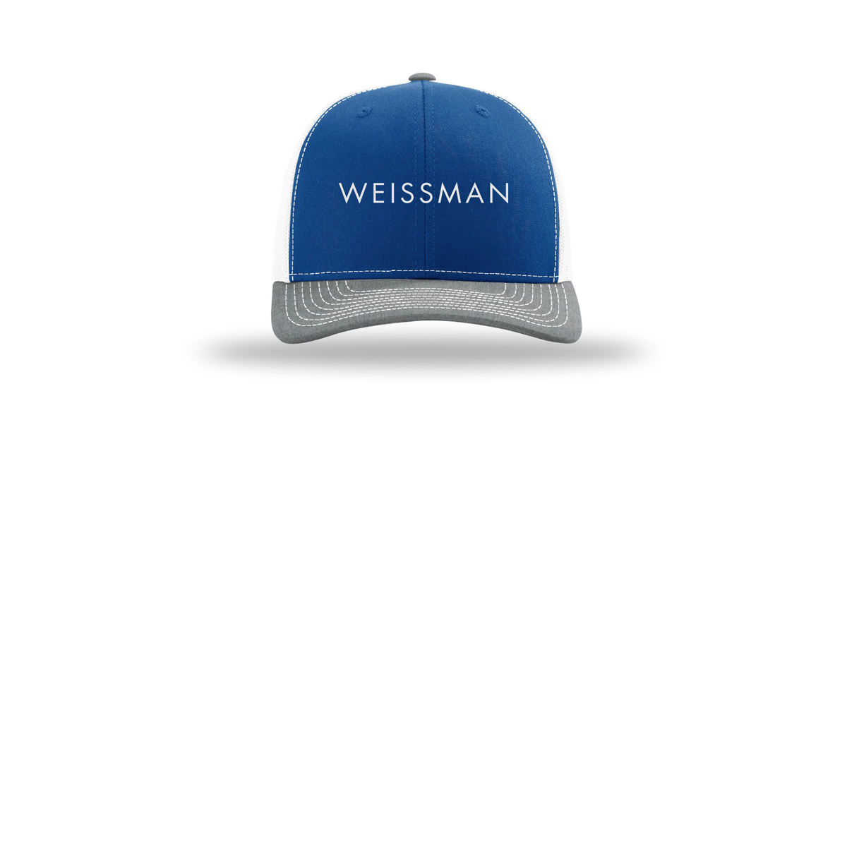 weissmans-richardson-trucker-cap-embroidery-capfront-R112-royalwhiteheathergrey-flat-front