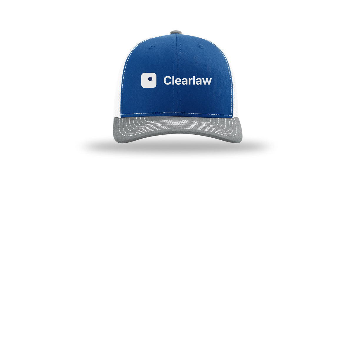 clearlaw-richardson-trucker-cap-embroidery-capfront-R112-royalwhiteheathergrey-flat-front