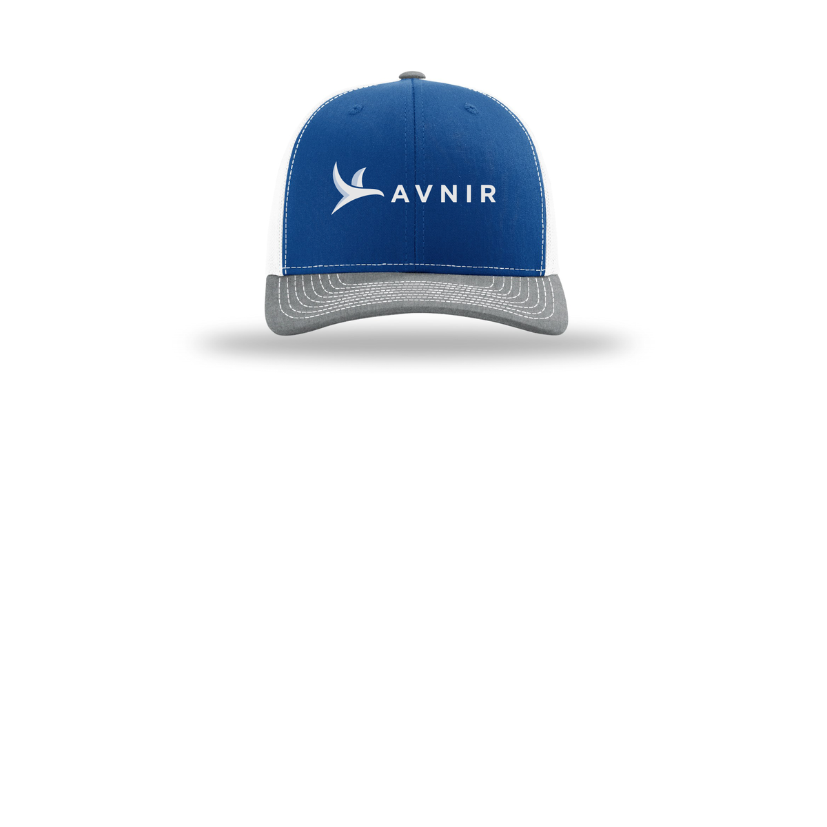 avnir-richardson-trucker-cap-embroidery-capfront-R112-royalwhiteheathergrey-flat-front