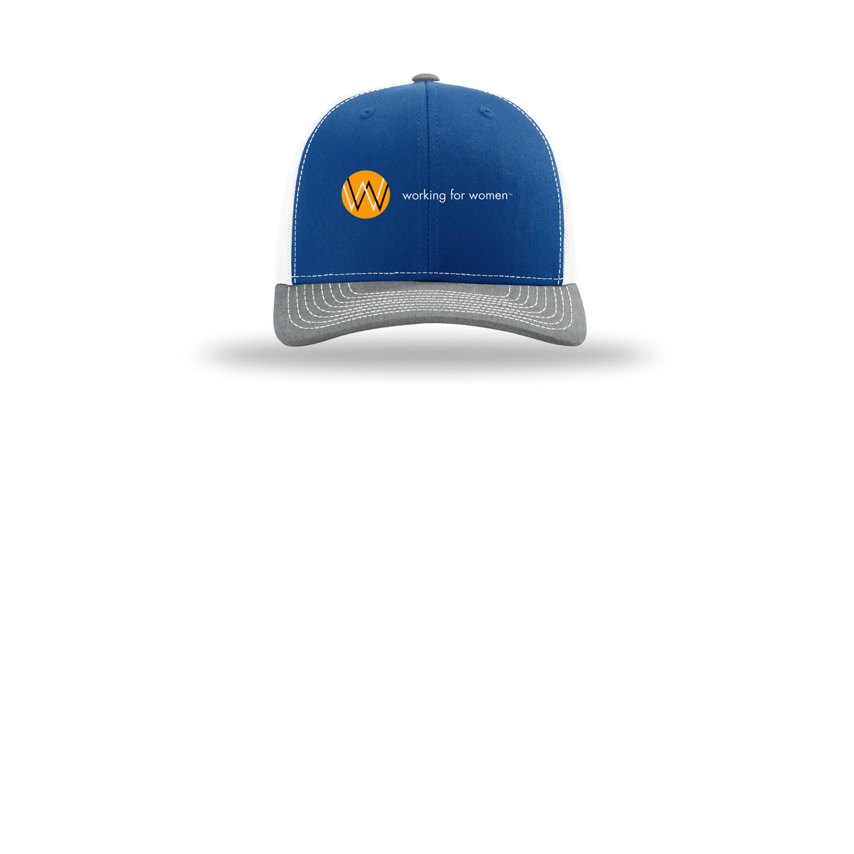 workingforwomen-richardson-trucker-cap-embroidery-capfront-R112-royalwhiteheathergrey-flat-front