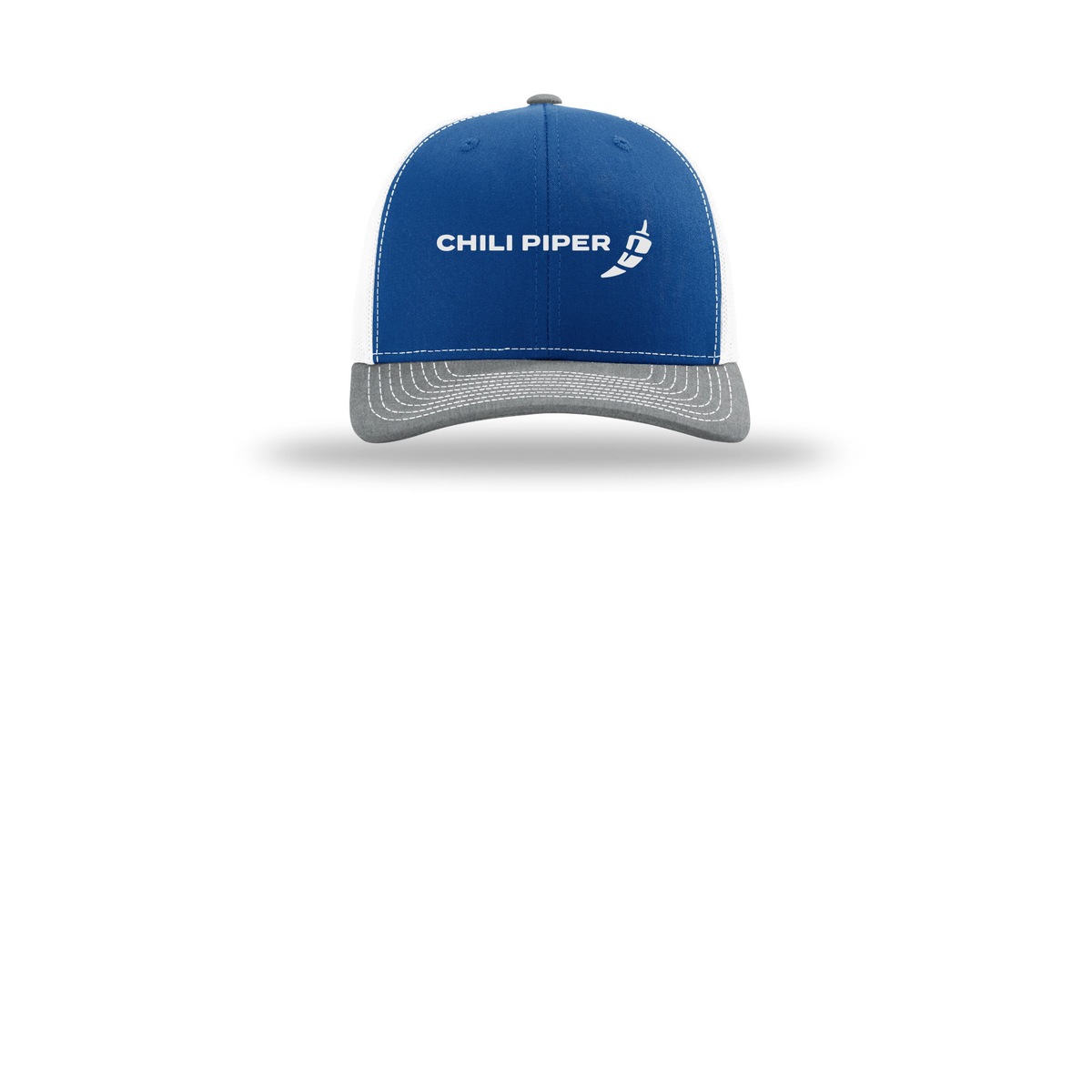 chilipiper-richardson-trucker-cap-embroidery-capfront-R112-royalwhiteheathergrey-flat-front