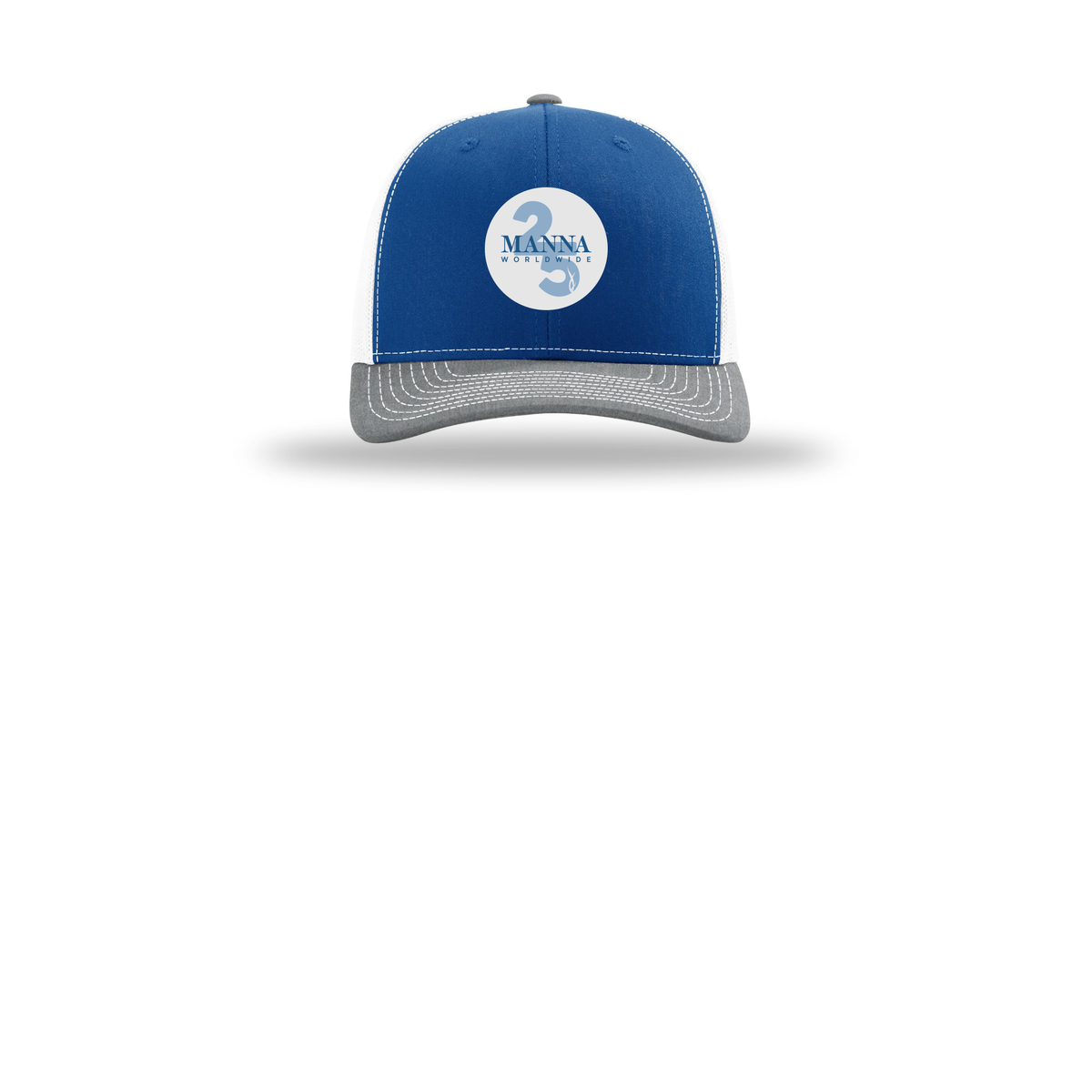 mannaworldwide-richardson-trucker-cap-embroidery-capfront-R112-royalwhiteheathergrey-flat-front
