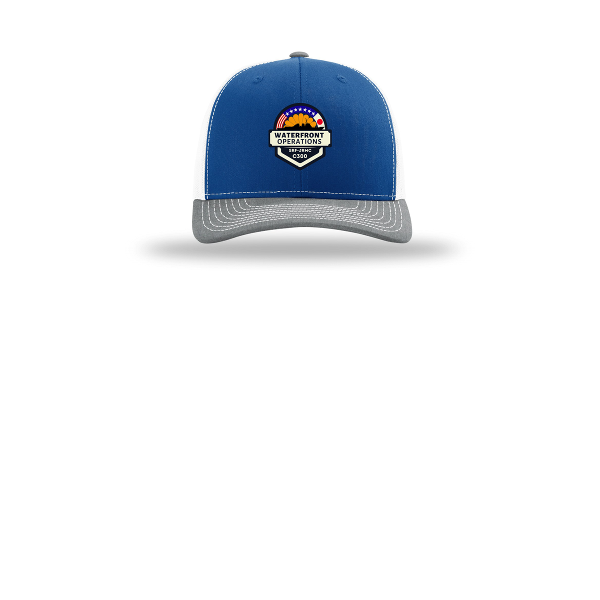 waterfront-operations-retro-trucker-cap-embroidery-capfront-R112-royalwhiteheathergrey-flat-front