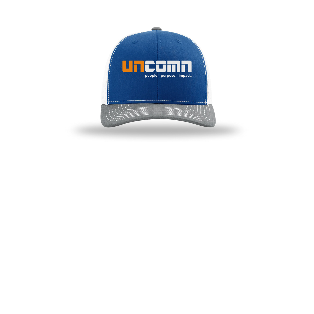 uncomn-richardson-trucker-cap-embroidery-capfront-R112-royalwhiteheathergrey-flat-front