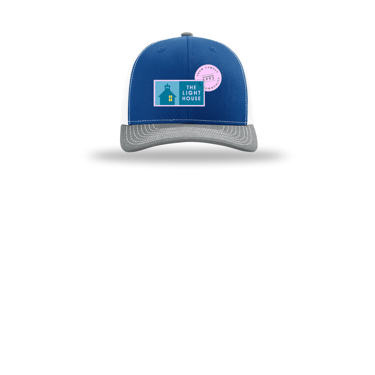 lhcampus-richardson-trucker-cap-embroidery-capfront-R112-royalwhiteheathergrey-flat-front