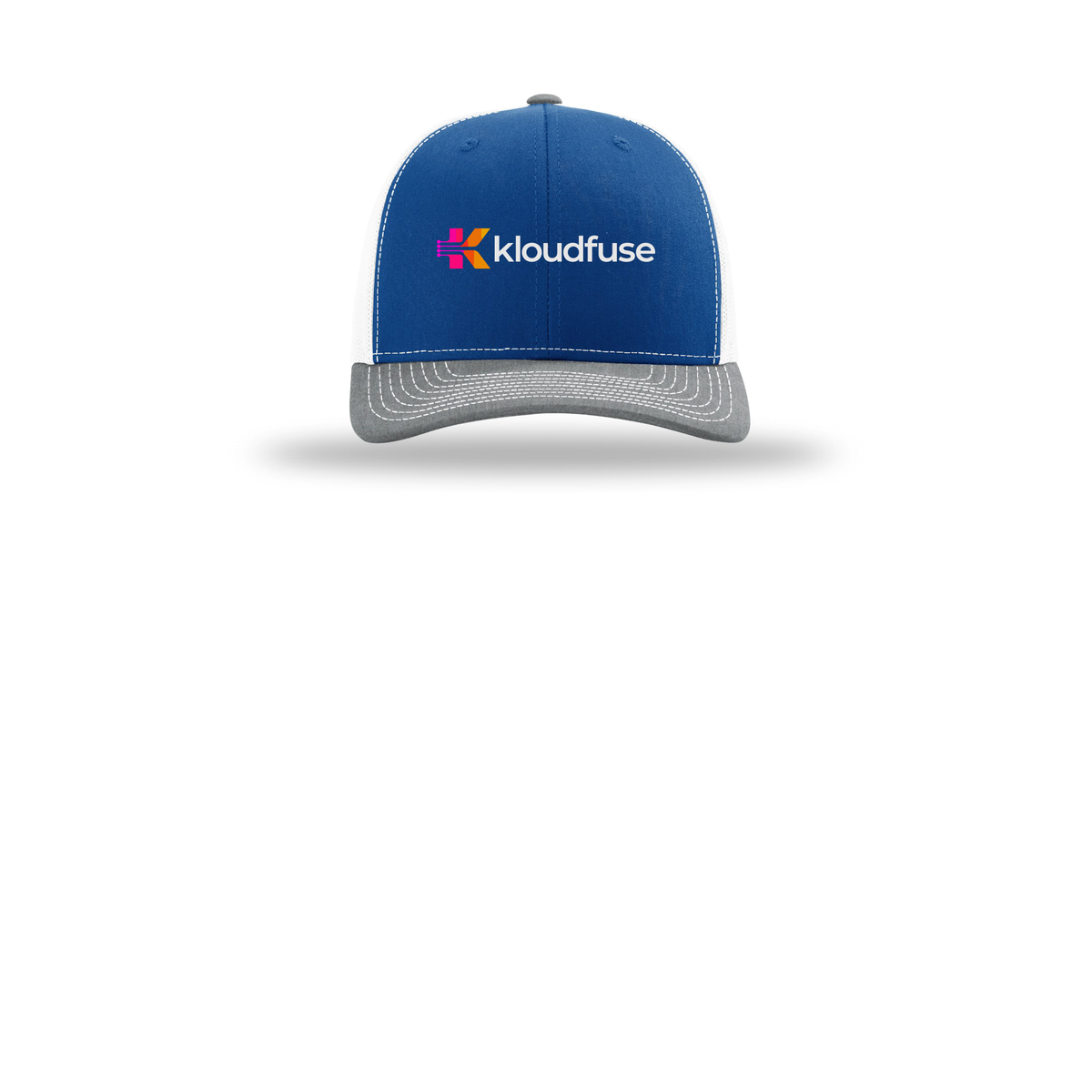 kloudfuse-richardson-trucker-cap-embroidery-capfront-R112-royalwhiteheathergrey-flat-front