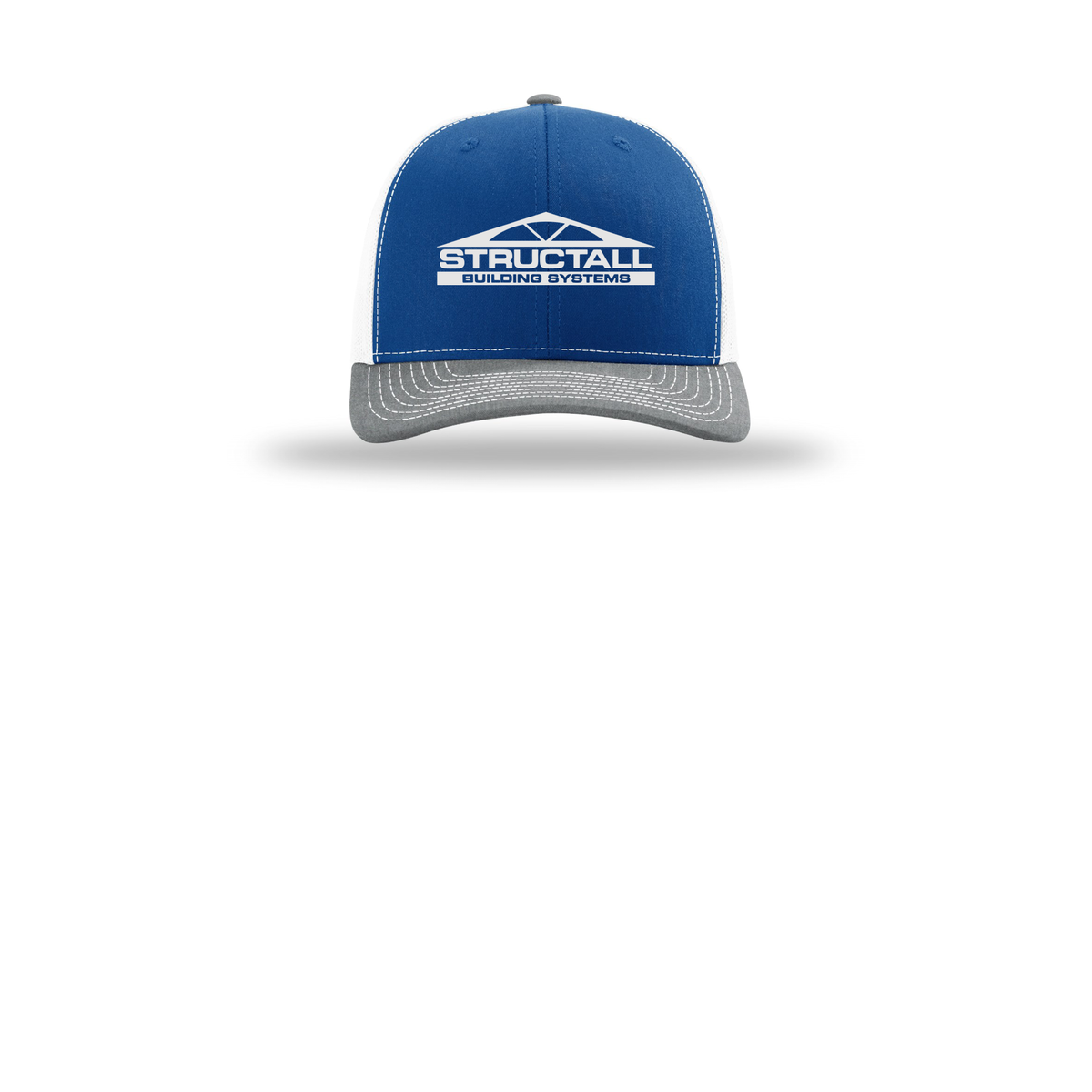 structall-richardson-trucker-cap-embroidery-capfront-R112-royalwhiteheathergrey-flat-front