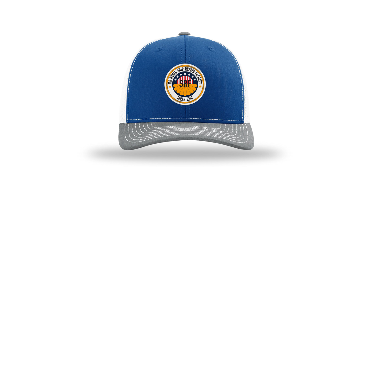 srf-jrmc-richardson-trucker-cap-embroidery-capfront-R112-royalwhiteheathergrey-flat-front