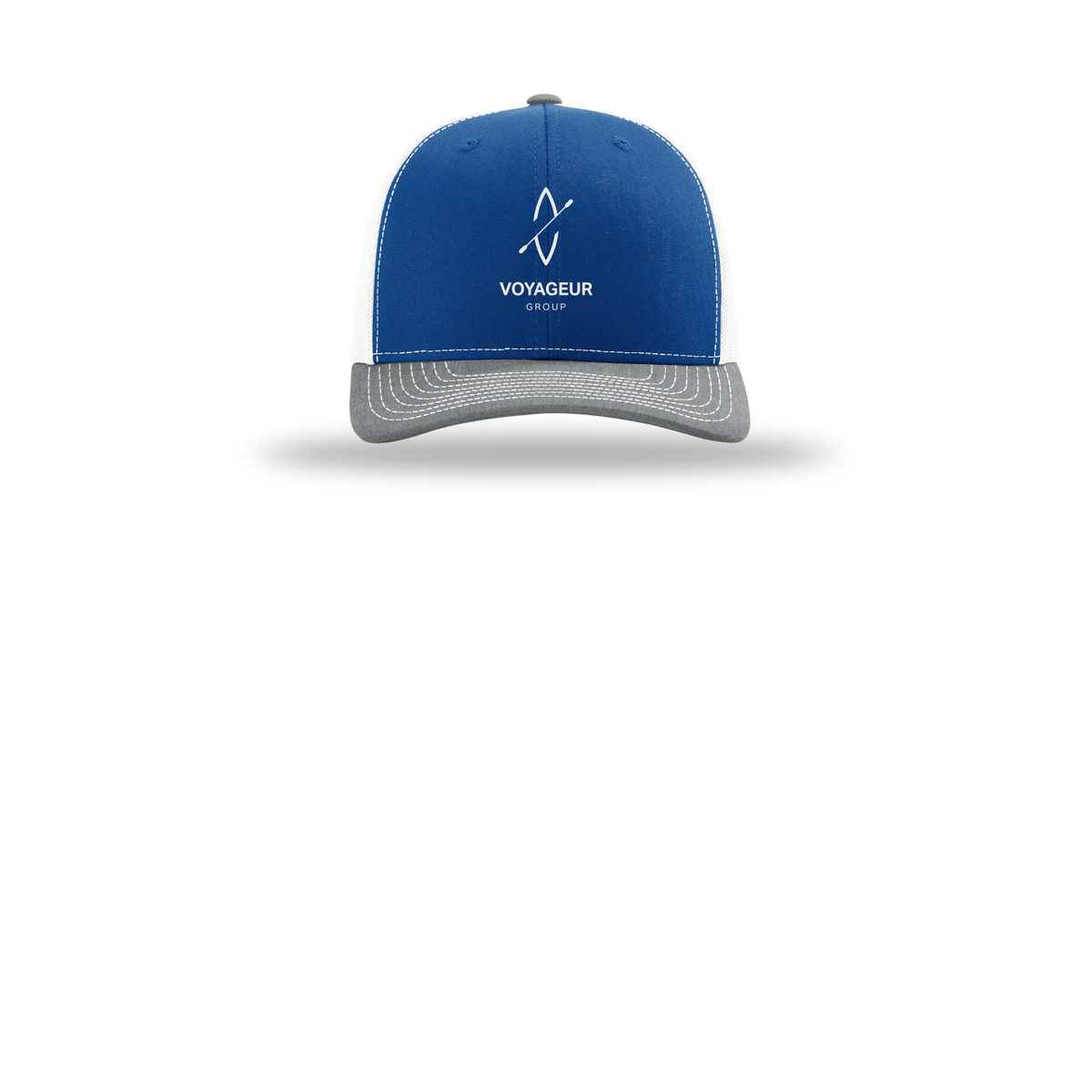voyageurgroup-richardson-trucker-cap-embroidery-capfront-R112-royalwhiteheathergrey-flat-front