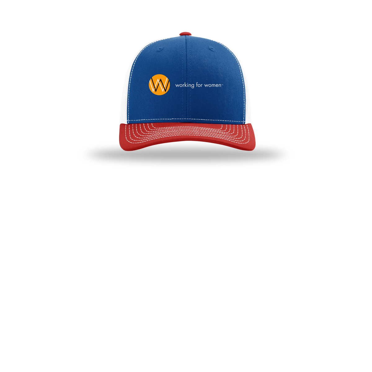 workingforwomen-richardson-trucker-cap-embroidery-capfront-R112-royalwhitered-flat-front