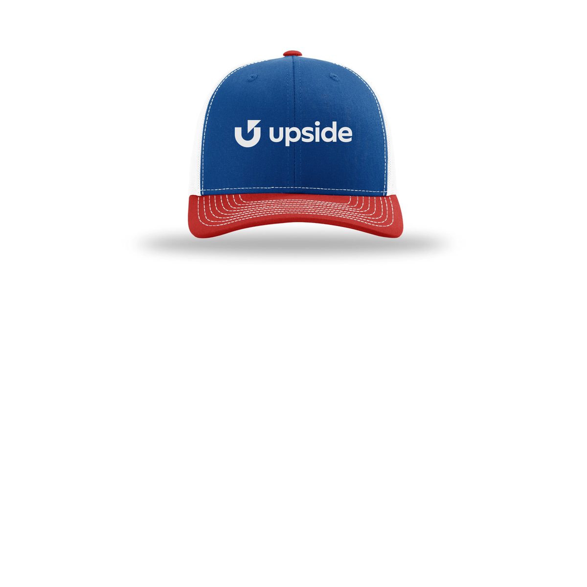 upside-richardson-trucker-cap-embroidery-capfront-R112-royalwhitered-flat-front