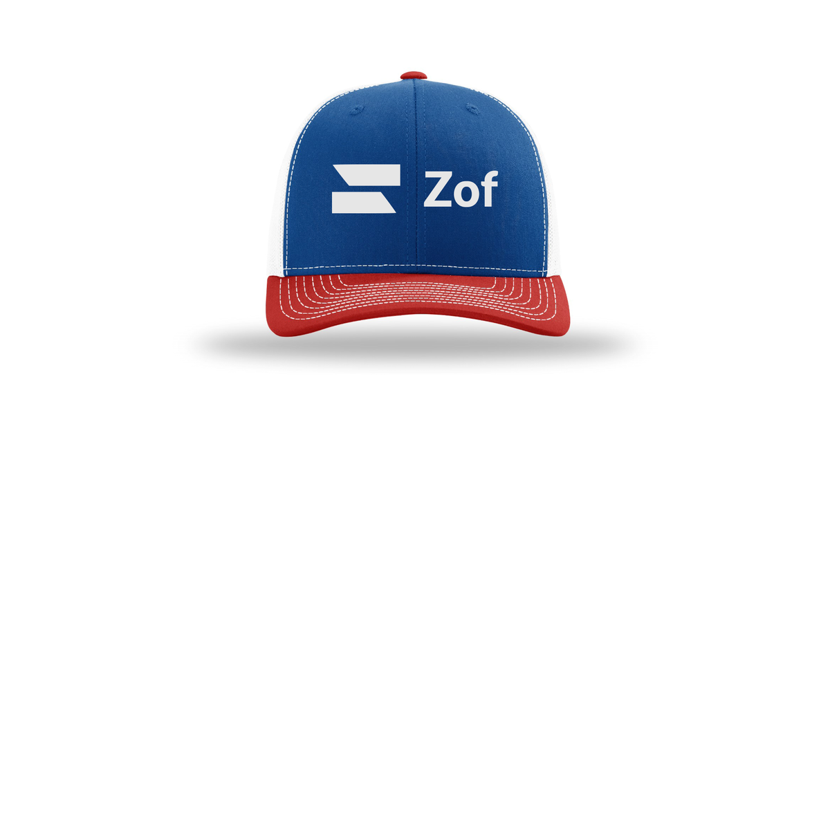 zof-richardson-trucker-cap-embroidery-capfront-R112-royalwhitered-flat-front