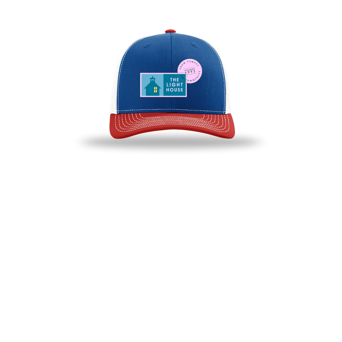 lhcampus-richardson-trucker-cap-embroidery-capfront-R112-royalwhitered-flat-front
