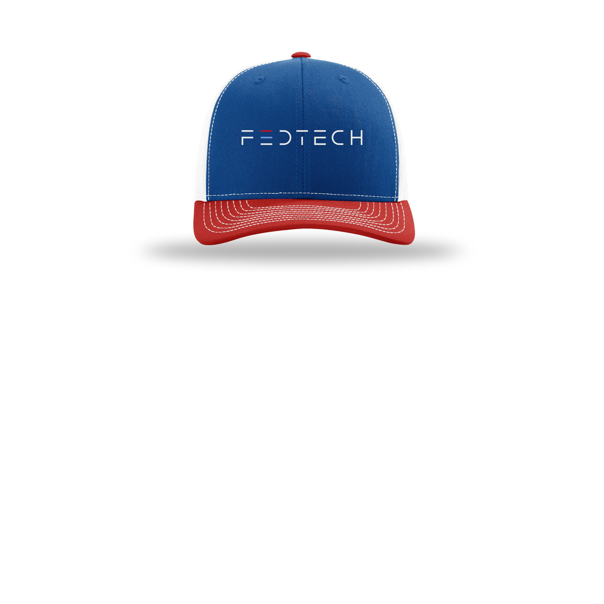 fedtech-richardson-trucker-cap-embroidery-capfront-R112-royalwhitered-flat-front