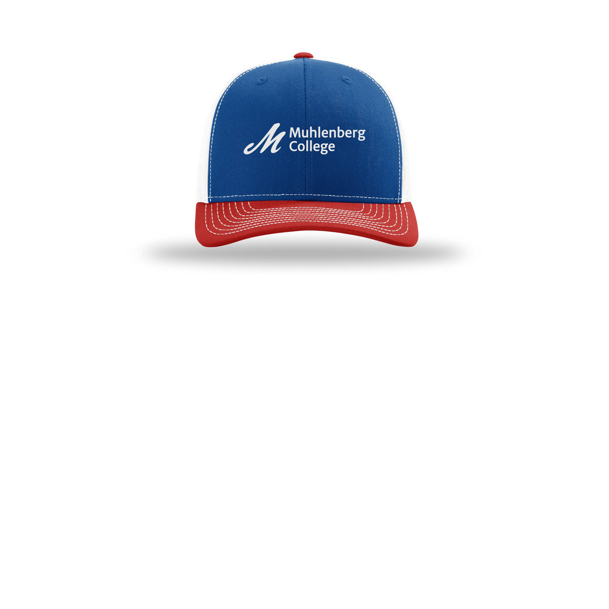 muhlenberg-richardson-trucker-cap-embroidery-capfront-R112-royalwhitered-flat-front