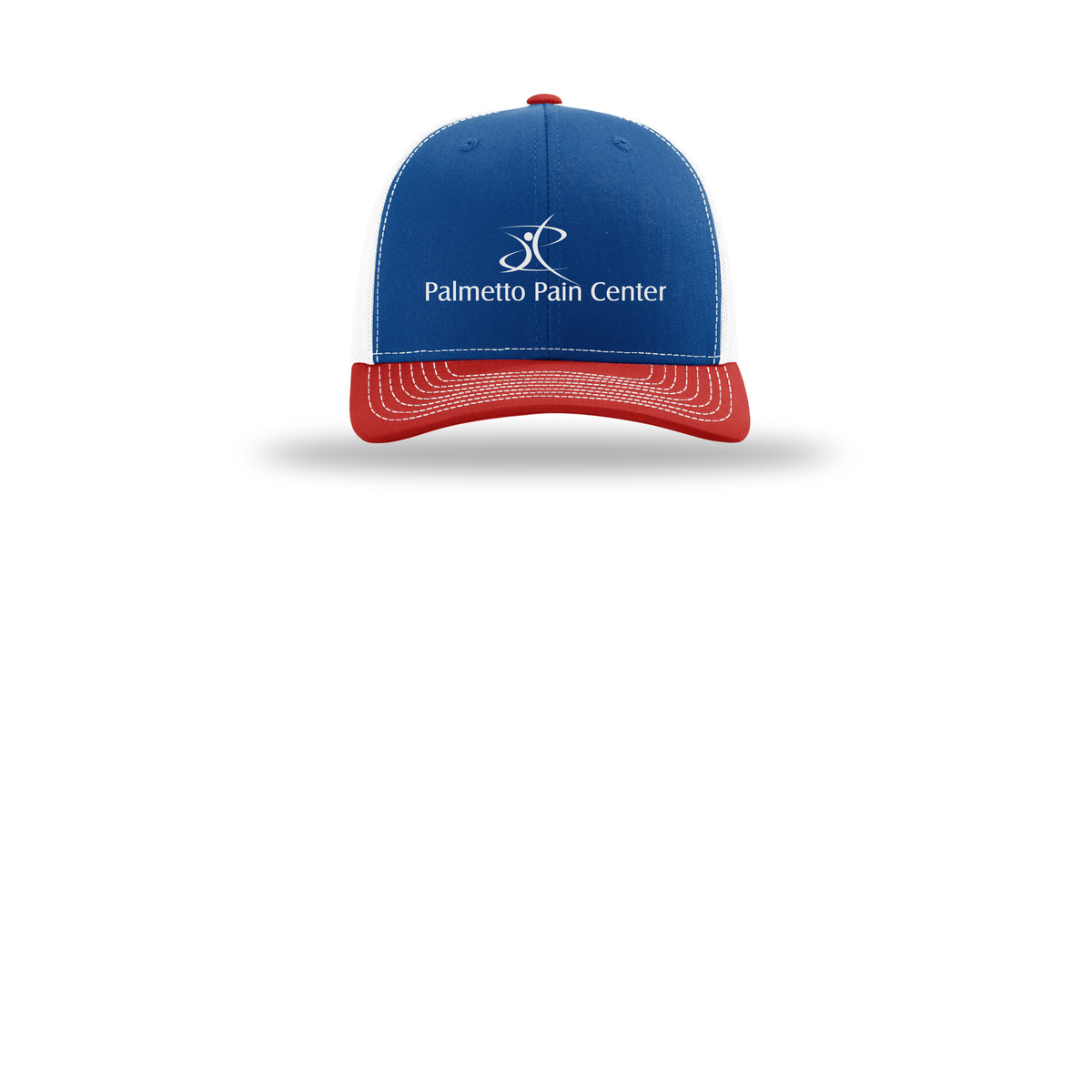 palmetto-pain-center-richardson-trucker-cap-embroidery-capfront-R112-royalwhitered-flat-front