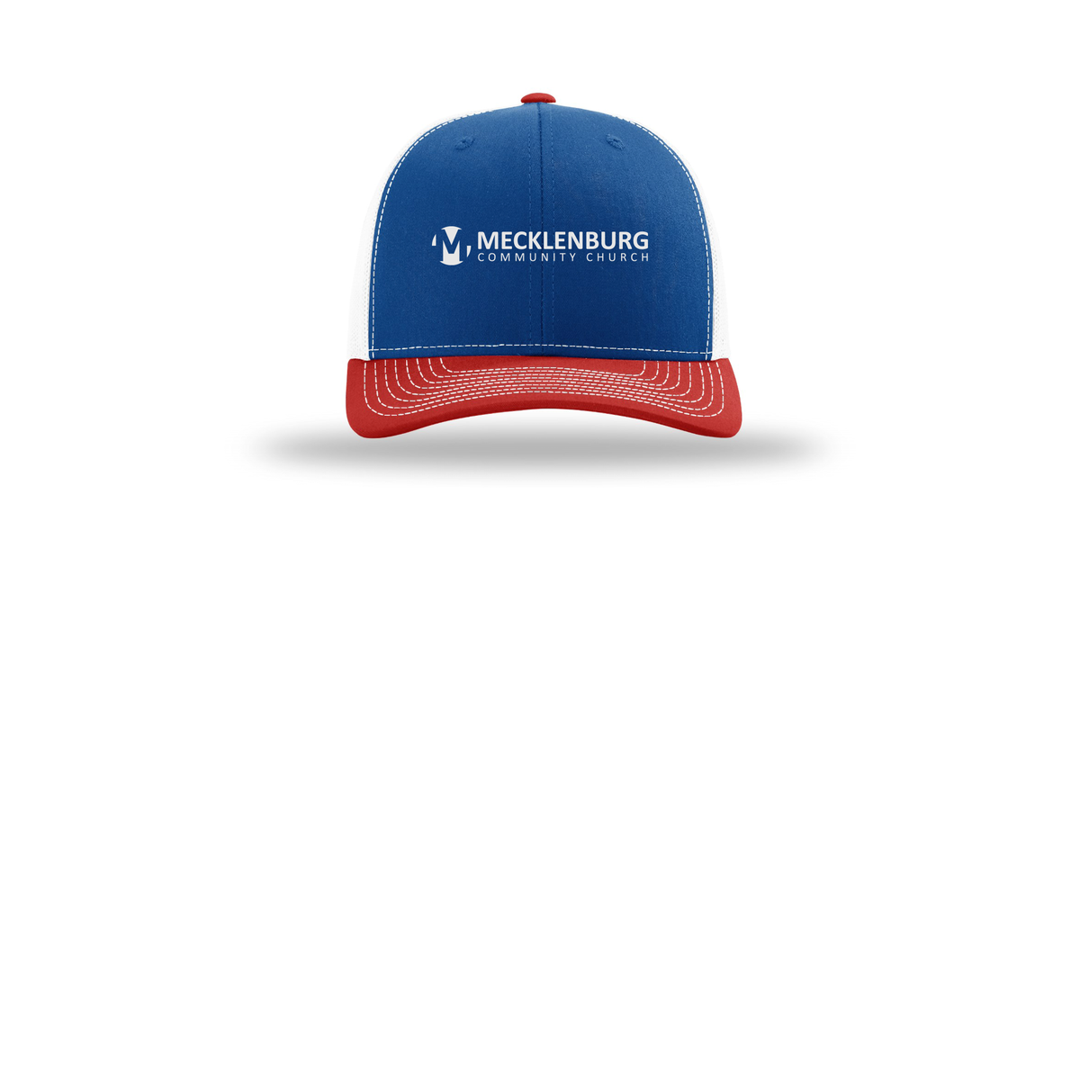 mecklenburg-richardson-trucker-cap-embroidery-capfront-R112-royalwhitered-flat-front