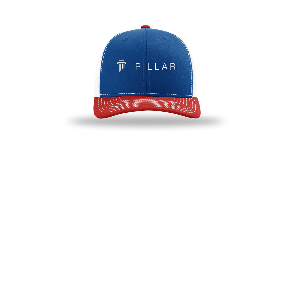 pillar-richardson-trucker-cap-embroidery-capfront-R112-royalwhitered-flat-front