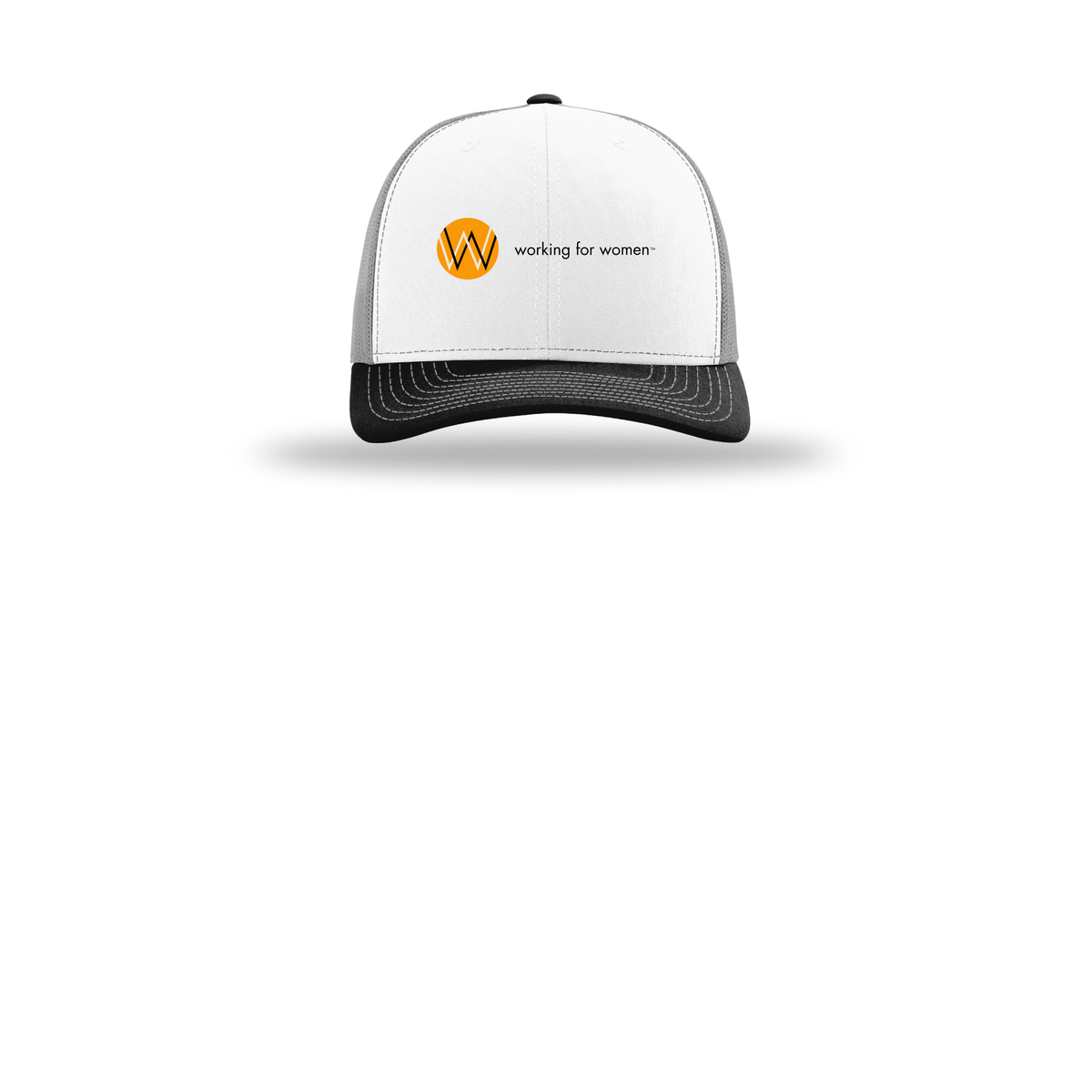 workingforwomen-richardson-trucker-cap-embroidery-capfront-R112-whitealuminumblack-flat-front