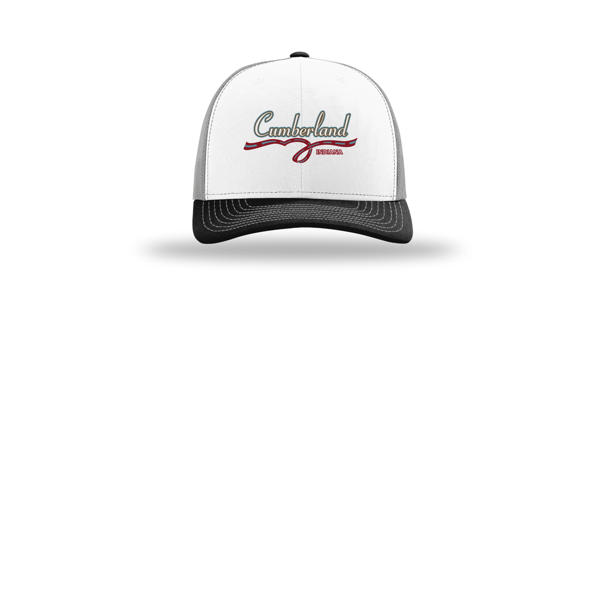 cumberland-richardson-trucker-cap-embroidery-capfront-R112-whitealuminumblack-flat-front