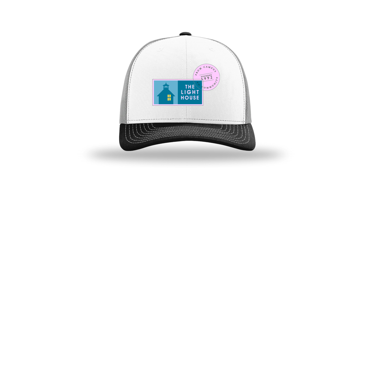 lhcampus-richardson-trucker-cap-embroidery-capfront-R112-whitealuminumblack-flat-front