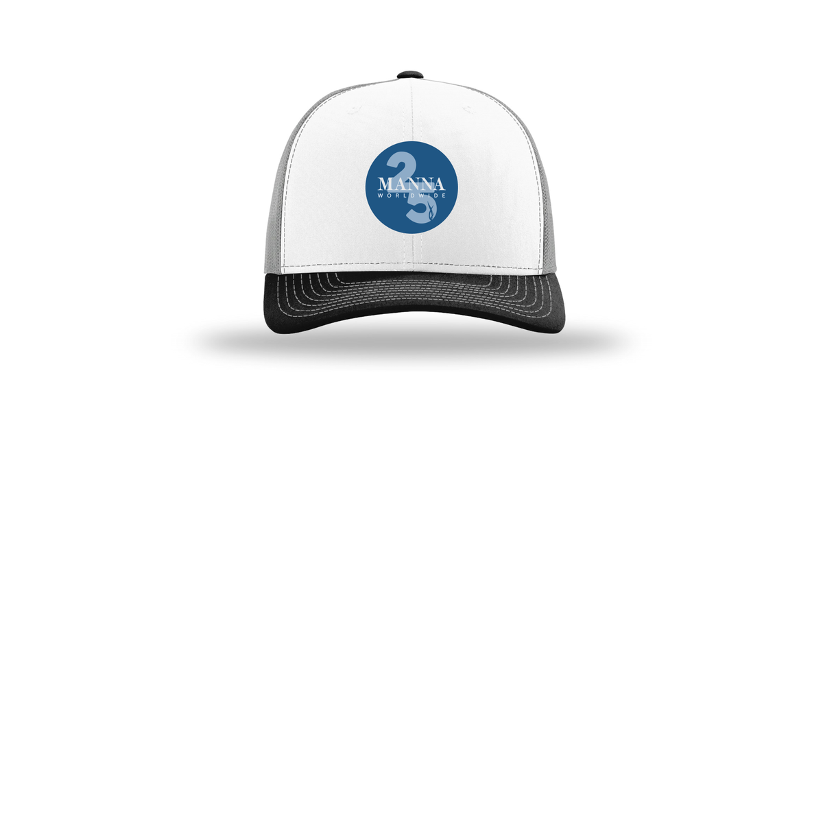 mannaworldwide-richardson-trucker-cap-embroidery-capfront-R112-whitealuminumblack-flat-front