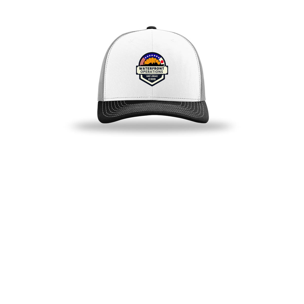 waterfront-operations-retro-trucker-cap-embroidery-capfront-R112-whitealuminumblack-flat-front