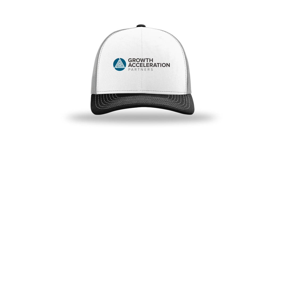 growthaccelerationpartners-richardson-trucker-cap-embroidery-capfront-R112-whitealuminumblack-flat-front