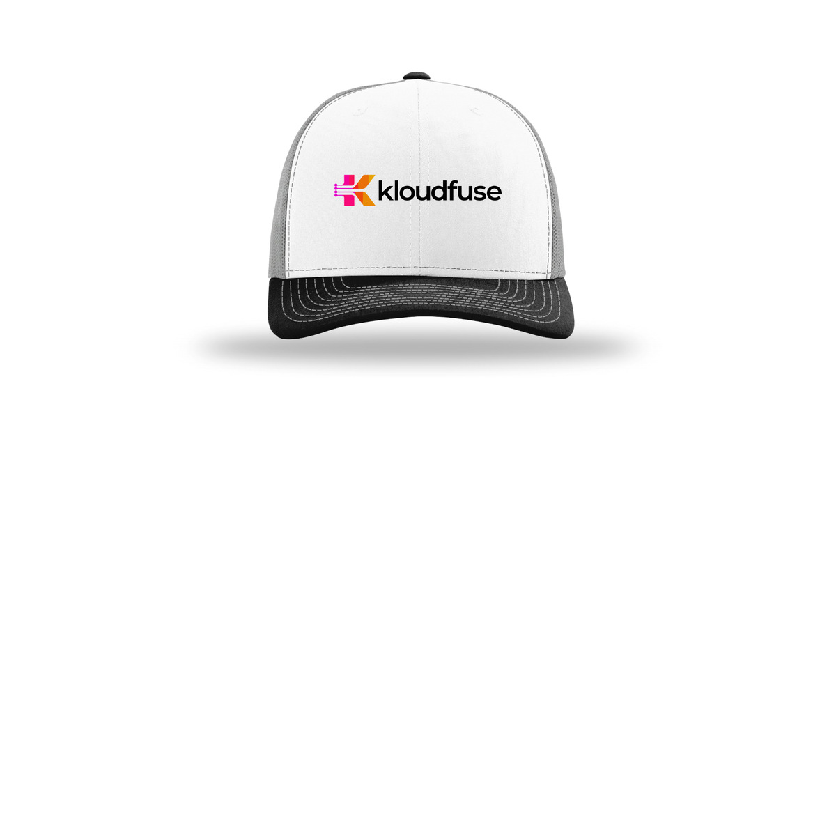 kloudfuse-richardson-trucker-cap-embroidery-capfront-R112-whitealuminumblack-flat-front