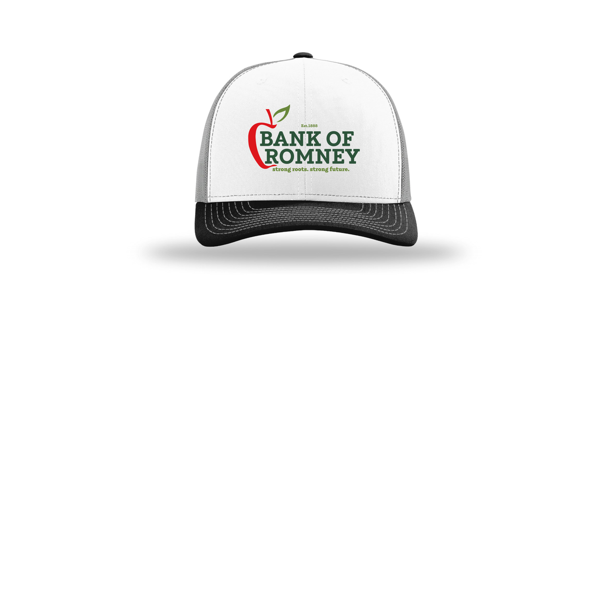 bankofromney-richardson-trucker-cap-embroidery-capfront-R112-whitealuminumblack-flat-front
