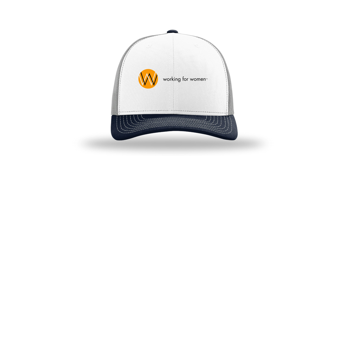 workingforwomen-richardson-trucker-cap-embroidery-capfront-R112-whitealuminumnavy-flat-front