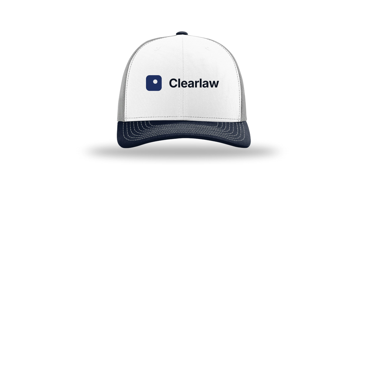 clearlaw-richardson-trucker-cap-embroidery-capfront-R112-whitealuminumnavy-flat-front
