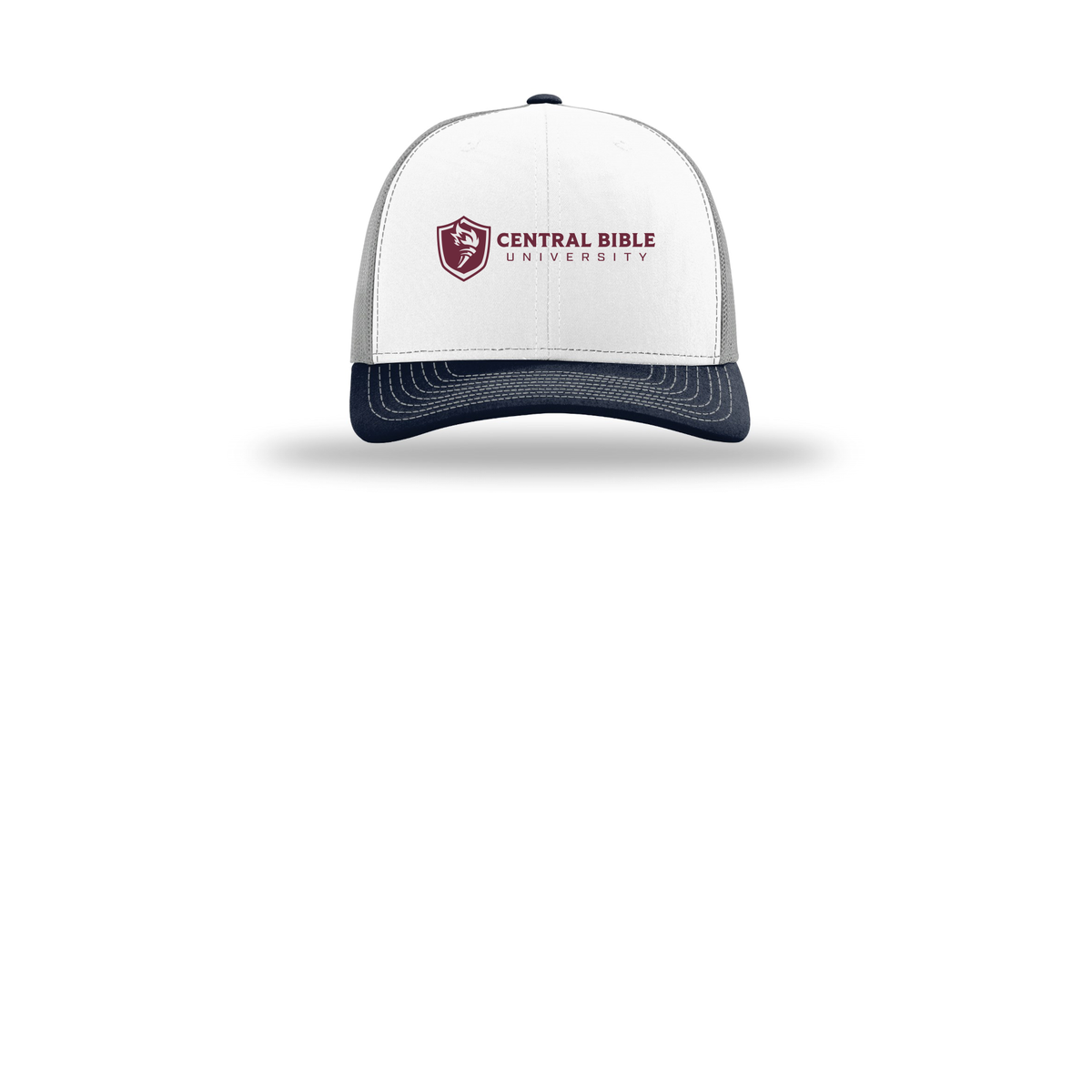 centralbible-richardson-trucker-cap-embroidery-capfront-R112-whitealuminumnavy-flat-front