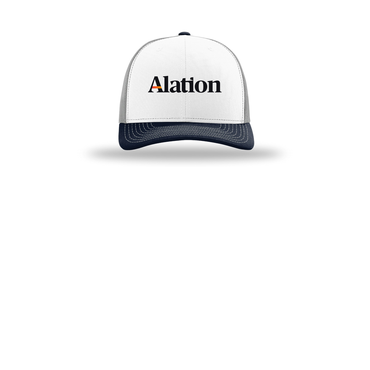 alation-richardson-trucker-cap-embroidery-capfront-R112-whitealuminumnavy-flat-front