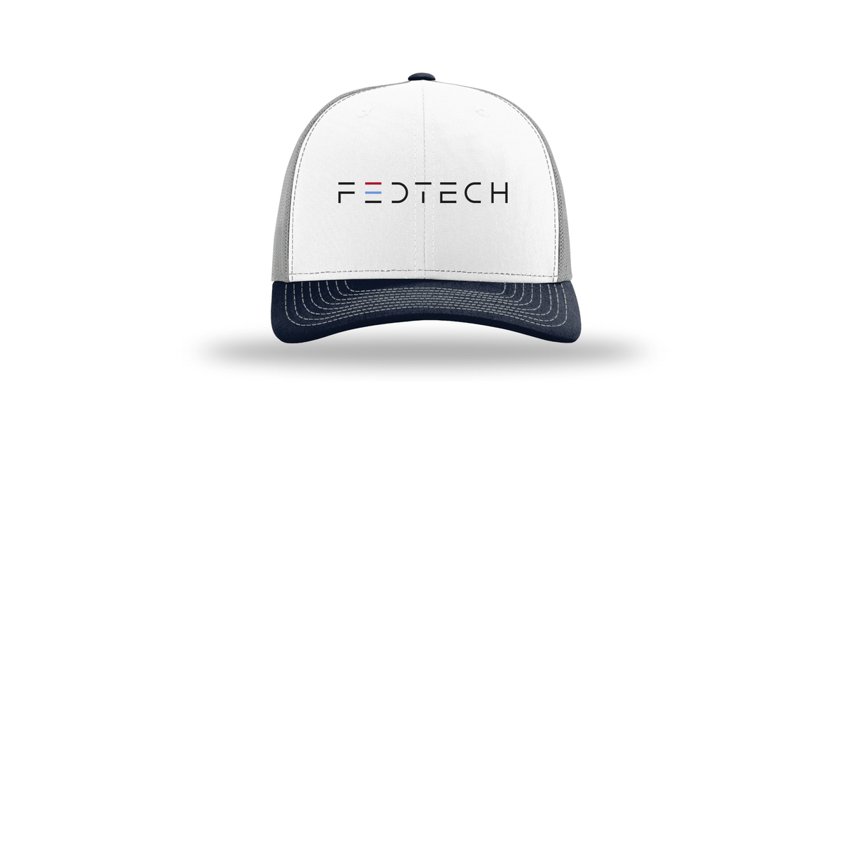 fedtech-richardson-trucker-cap-embroidery-capfront-R112-whitealuminumnavy-flat-front