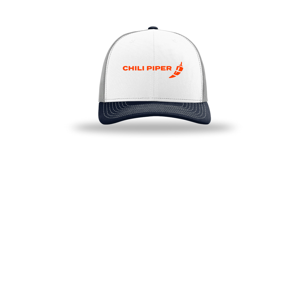 chilipiper-richardson-trucker-cap-embroidery-capfront-R112-whitealuminumnavy-flat-front