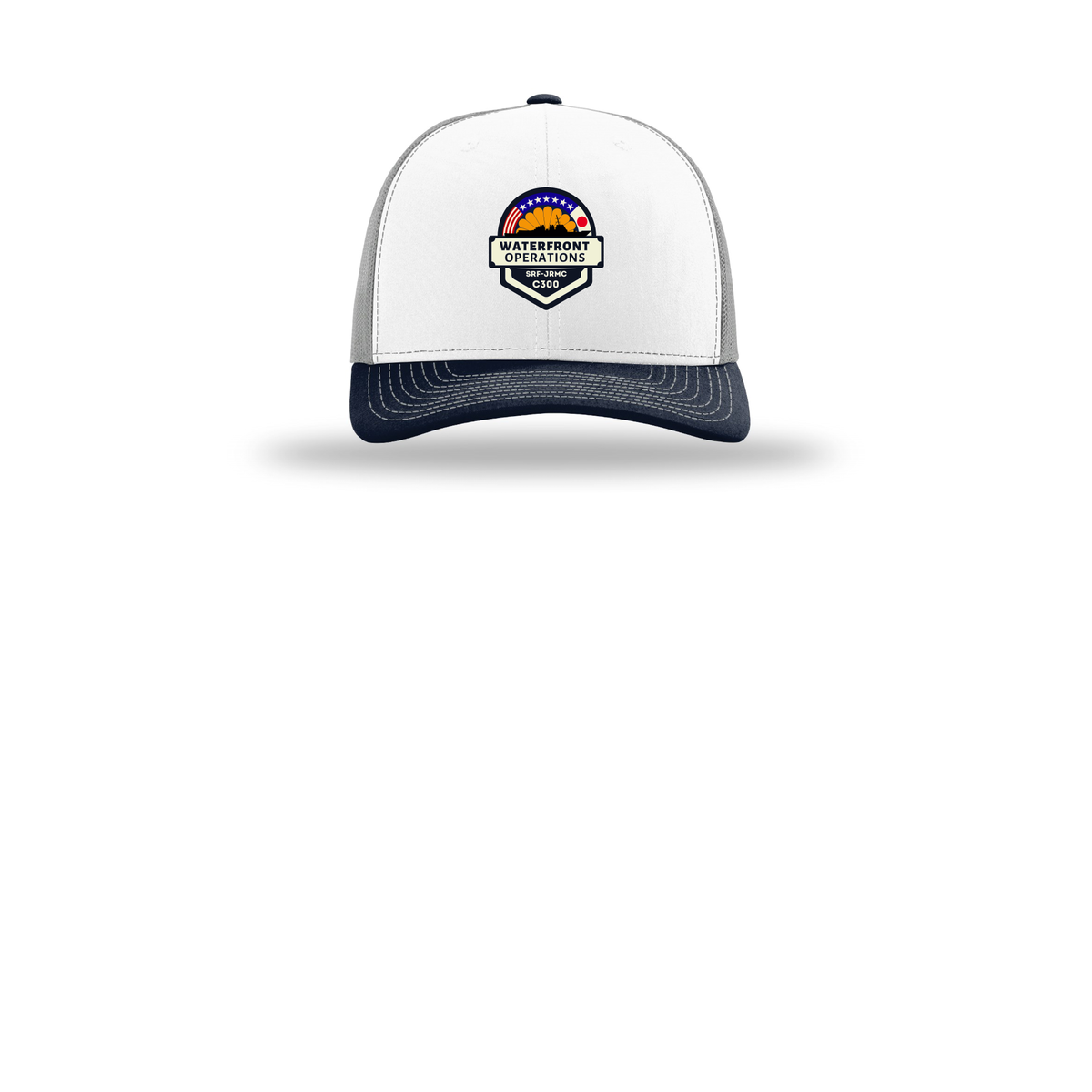 waterfront-operations-retro-trucker-cap-embroidery-capfront-R112-whitealuminumnavy-flat-front