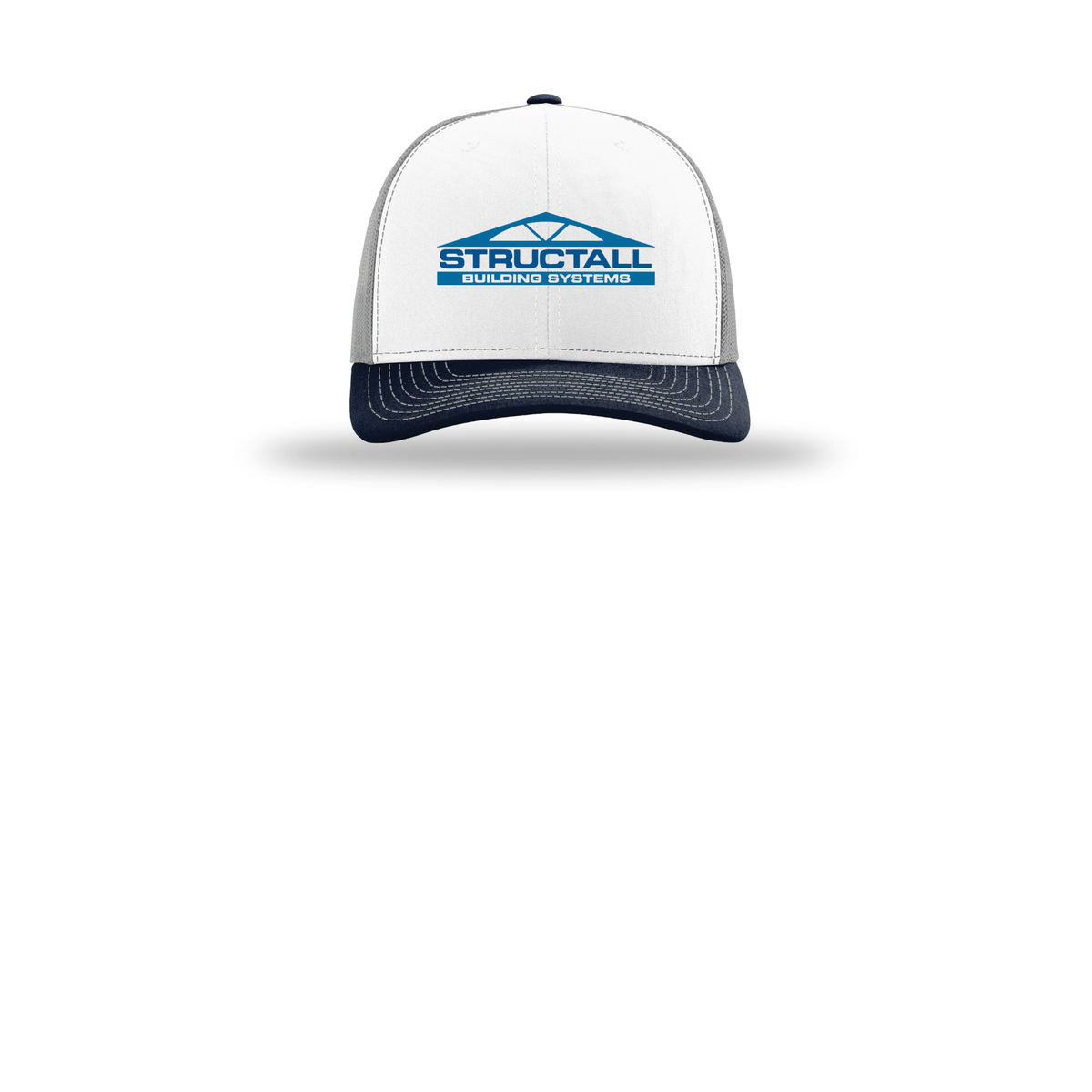 structall-richardson-trucker-cap-embroidery-capfront-R112-whitealuminumnavy-flat-front