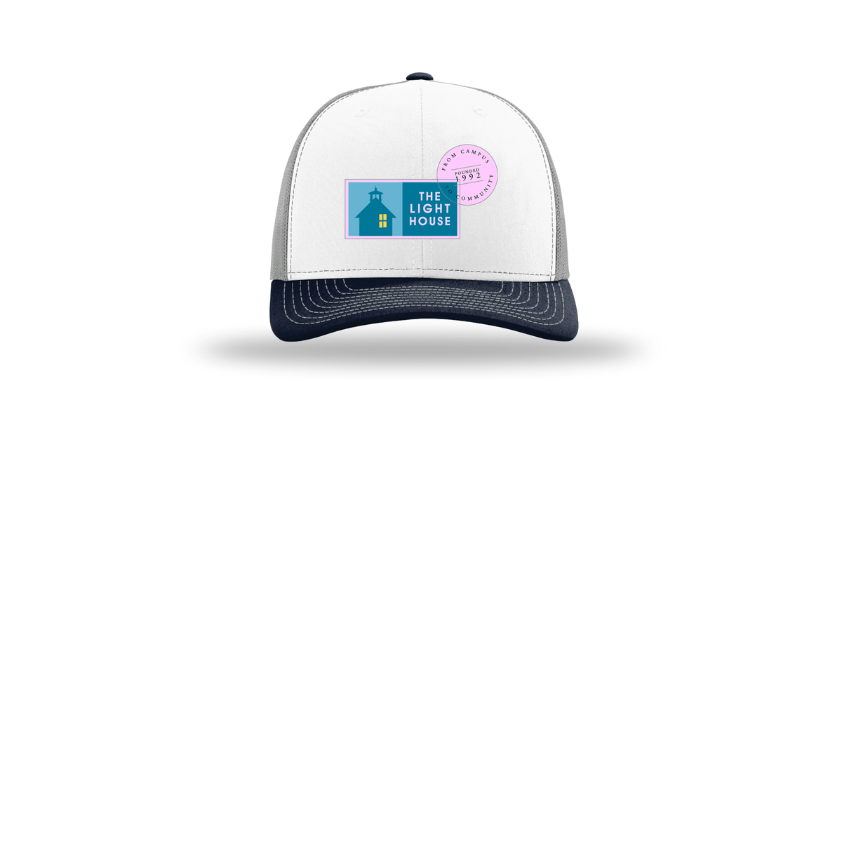 lhcampus-richardson-trucker-cap-embroidery-capfront-R112-whitealuminumnavy-flat-front