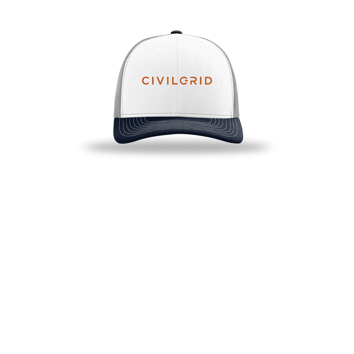civilgrid-richardson-trucker-cap-embroidery-capfront-R112-whitealuminumnavy-flat-front