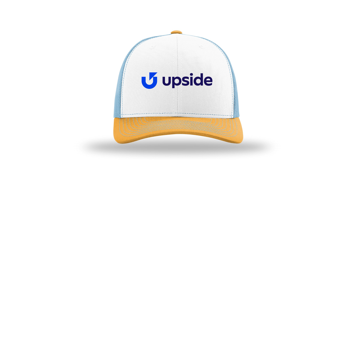 upside-richardson-trucker-cap-embroidery-capfront-R112-whitecolumbiablueyellow-flat-front