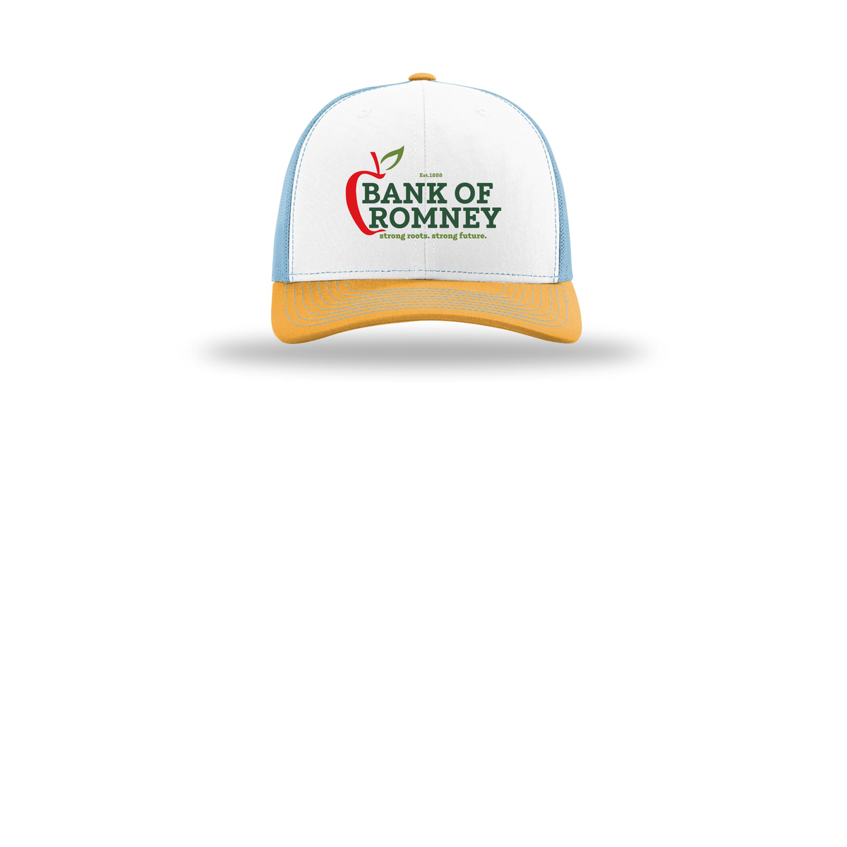 bankofromney-richardson-trucker-cap-embroidery-capfront-R112-whitecolumbiablueyellow-flat-front