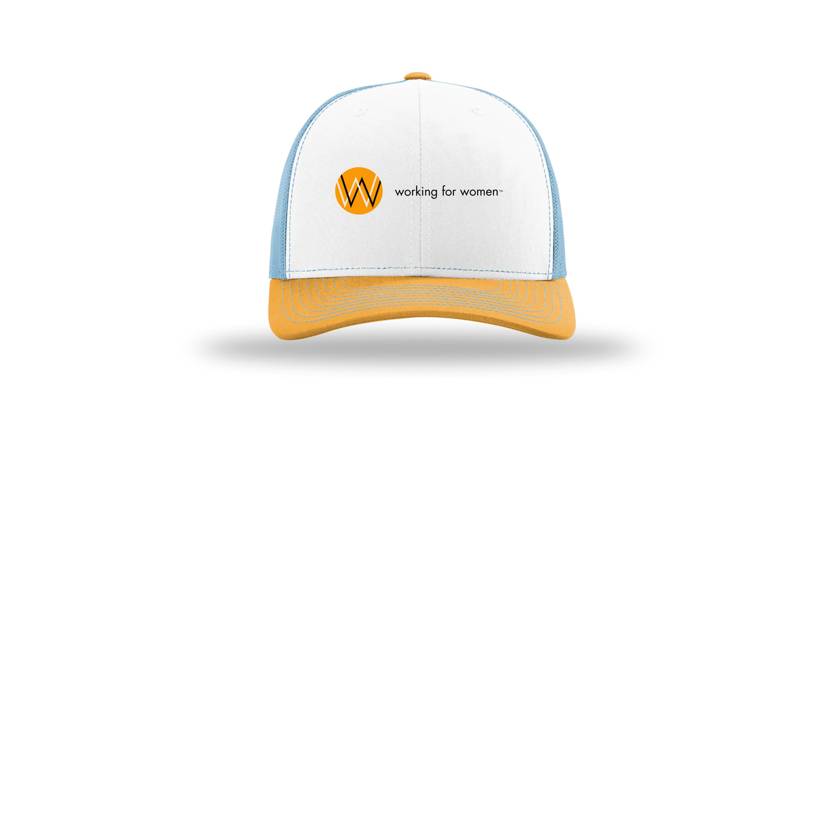 workingforwomen-richardson-trucker-cap-embroidery-capfront-R112-whitecolumbiablueyellow-flat-front