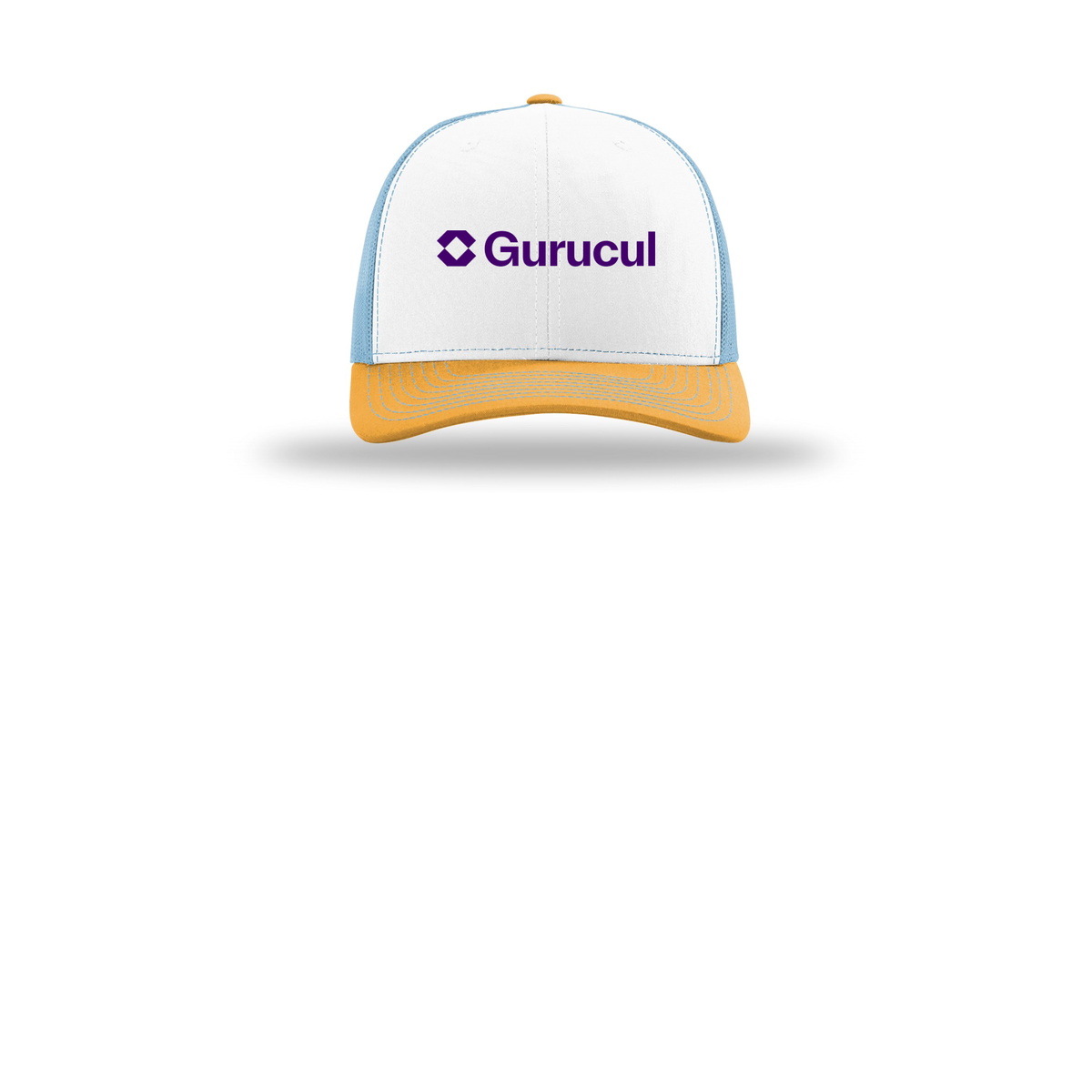 gurucul-richardson-trucker-cap-embroidery-capfront-R112-whitecolumbiablueyellow-flat-front