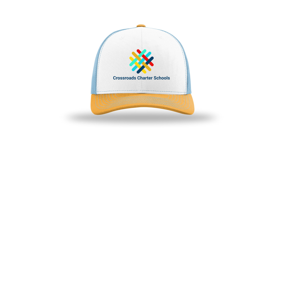 crossroadsschoolskc-richardson-trucker-cap-embroidery-capfront-R112-whitecolumbiablueyellow-flat-front