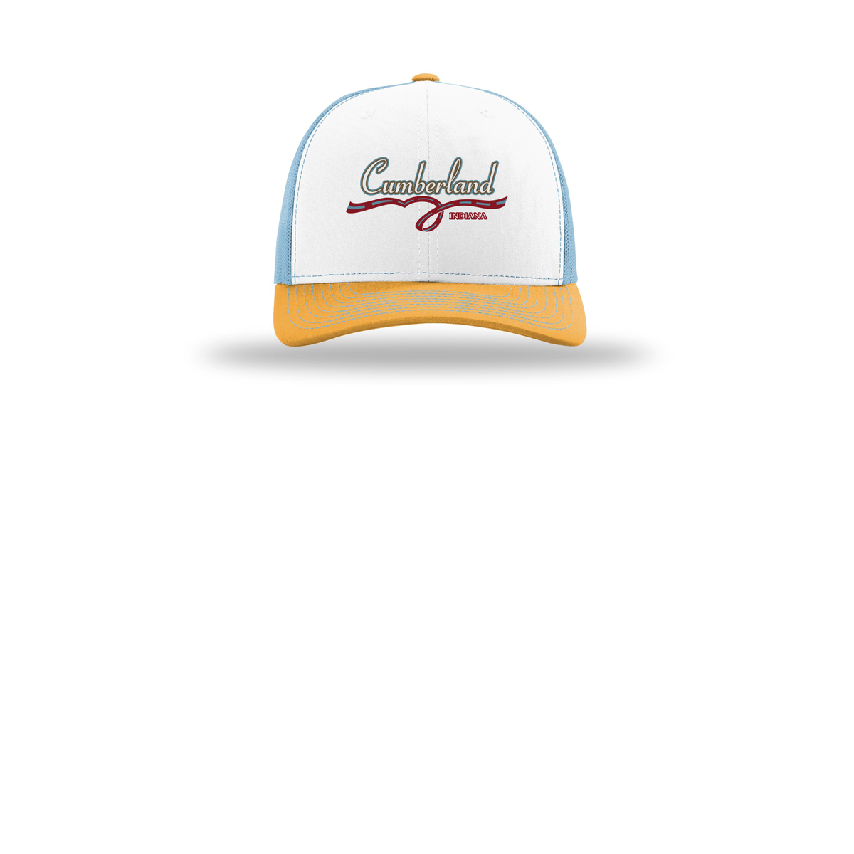 cumberland-richardson-trucker-cap-embroidery-capfront-R112-whitecolumbiablueyellow-flat-front