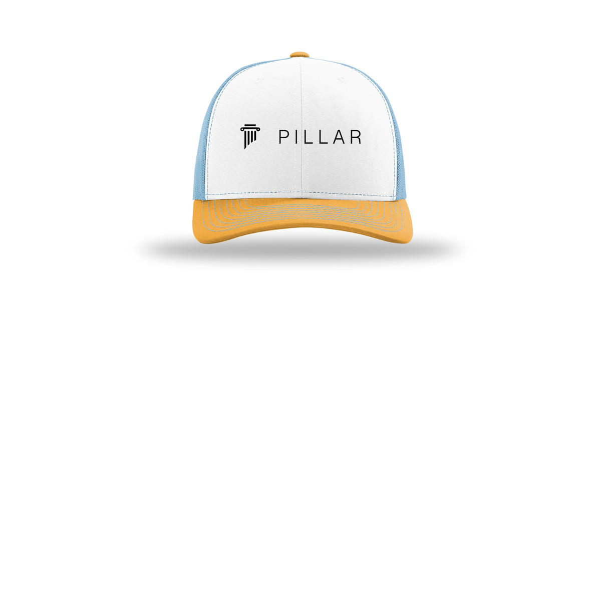 pillar-richardson-trucker-cap-embroidery-capfront-R112-whitecolumbiablueyellow-flat-front