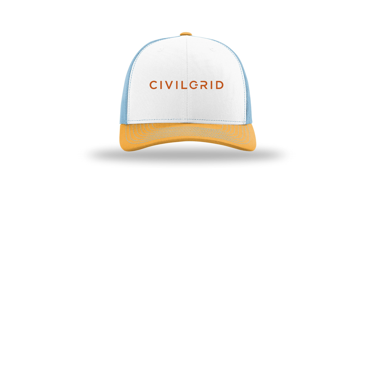 civilgrid-richardson-trucker-cap-embroidery-capfront-R112-whitecolumbiablueyellow-flat-front
