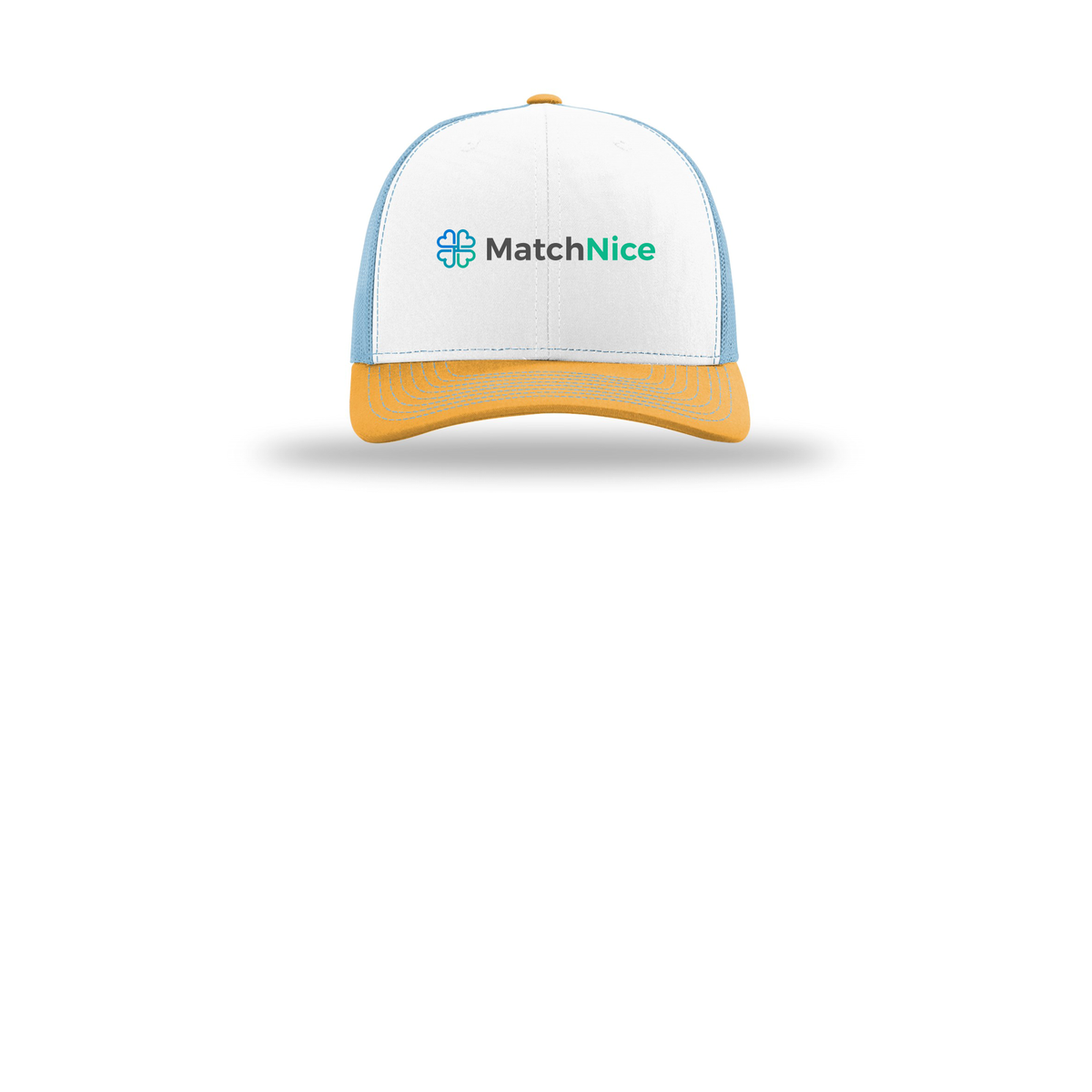 matchnice-richardson-trucker-cap-embroidery-capfront-R112-whitecolumbiablueyellow-flat-front